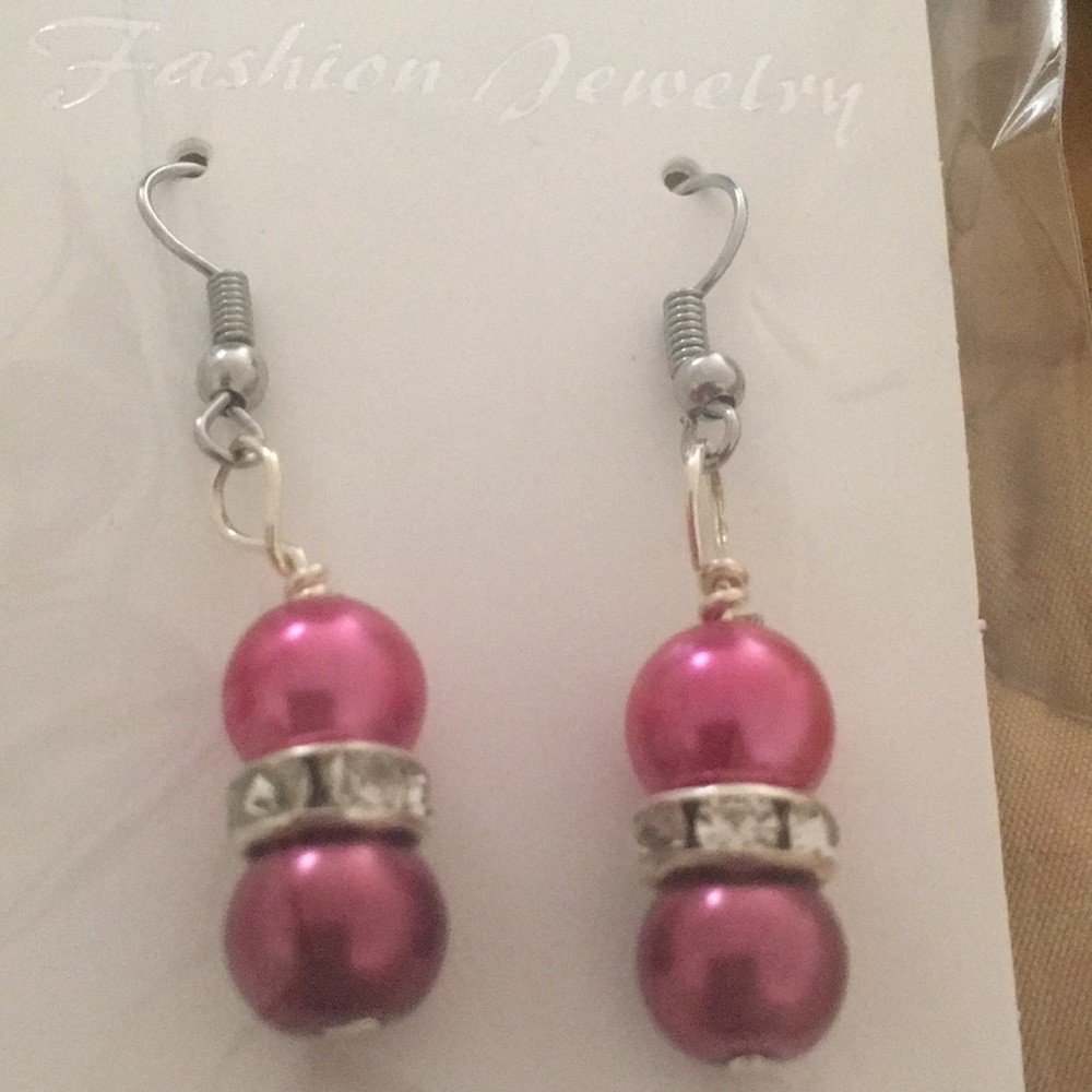 Fish hook earrings Hot pink & red faux pearl beads